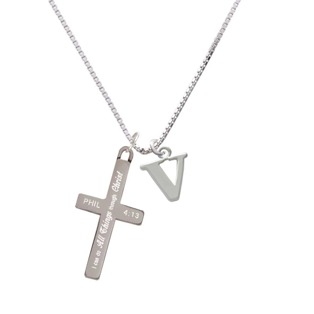 Large Initial - V - - I Can Do All Things - Cross Necklace
