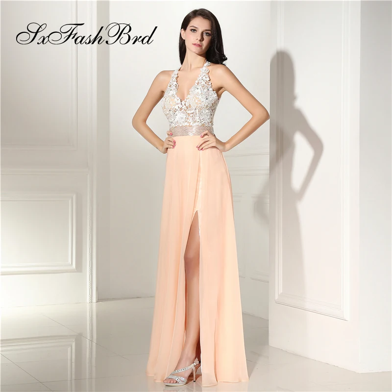 

Robe Longue V Neck Open Back Lace Top A Line Side Split Chiffon Long Formal Elegant Dresses for Women Evening Party Prom Dress