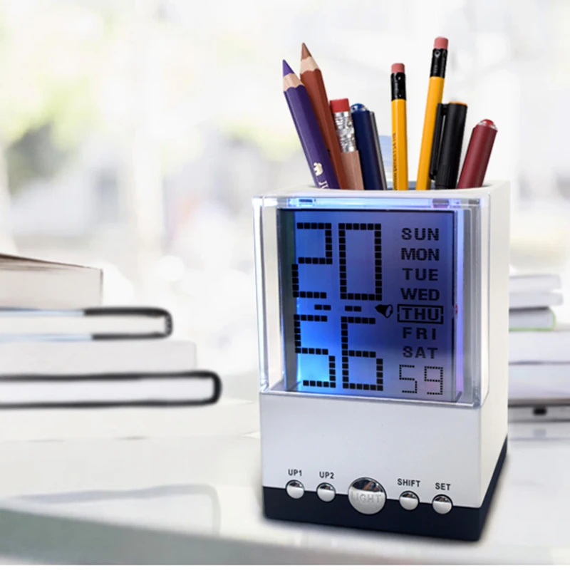 

Digital Table Clock Pen Holder LCD Screen Alarm Clock Perpetual Calendar Thermometer Multi-Functional function-PC Desktop Friend