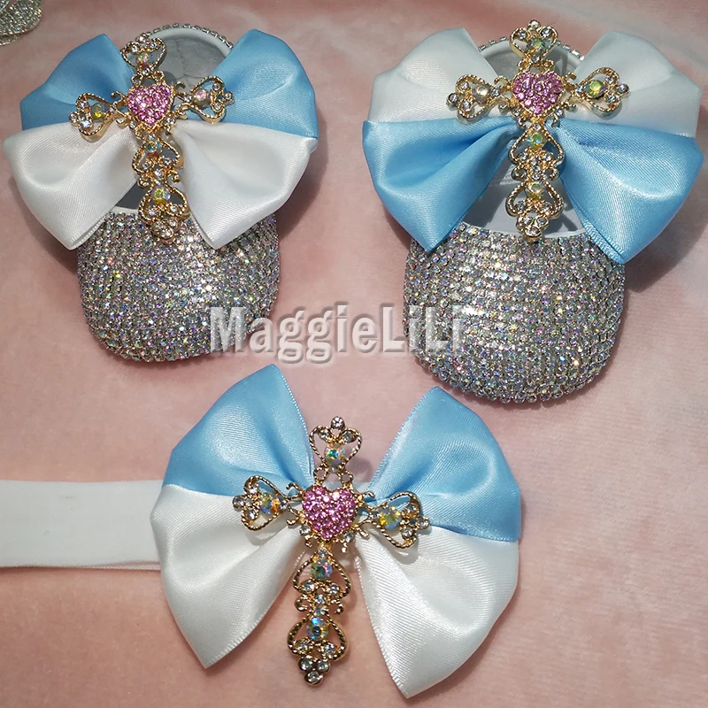 

blue bowknot Custom Sparkle Bling crystals AB Rhinestones Baby girls shoes infant 0-1Y ribbon shoes First Walkers hairband 9217