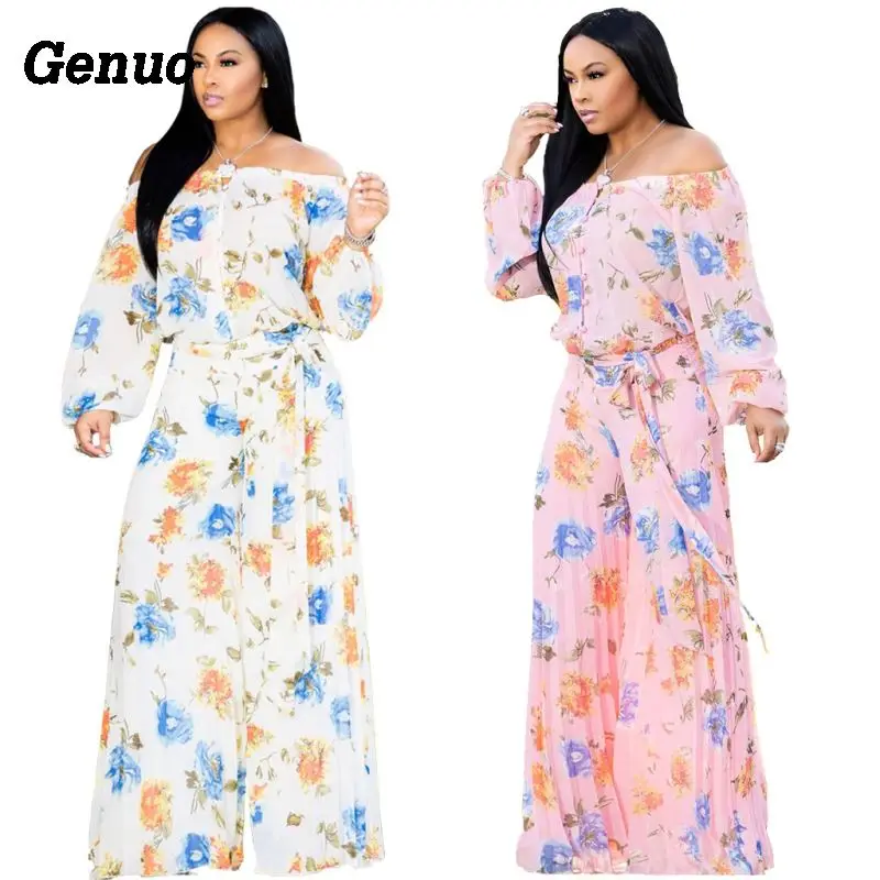 

Genuo 2018 Summer Floral Print Off Shoulder Jumpsuit Long Sleeve Bohemia Loose Party Holiday Beach Rompers Wide Leg Playsuit