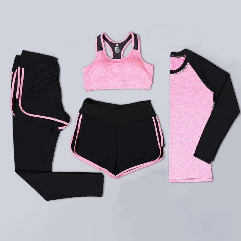 4 Piece Yoga Set Women Yoga Clothes UMLIFE Fitness Running Outdoor Tracksuit Patchwork Sport Yoga Suit High Elastic Sports Set (31)