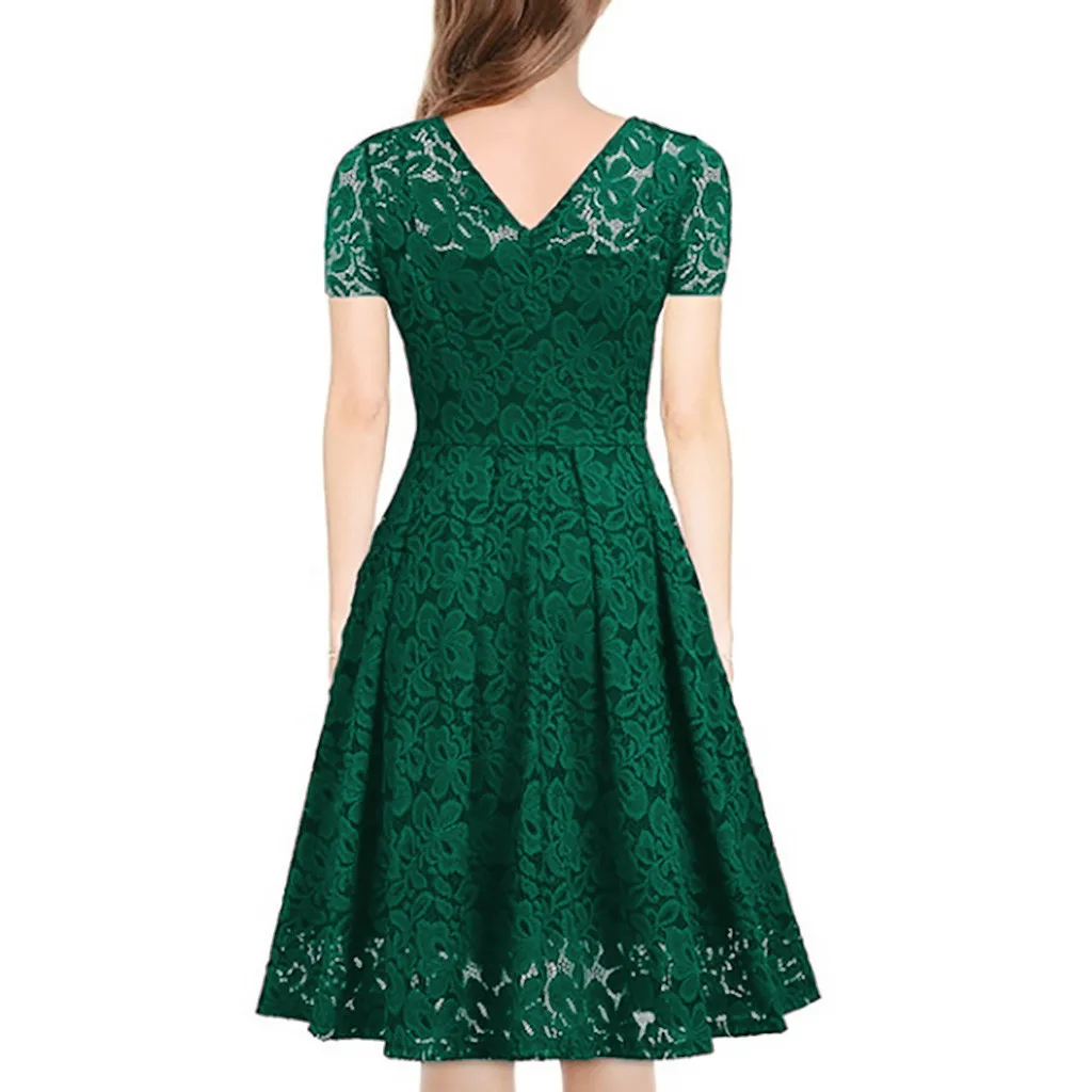 Летнее женское платье, глубокий v-образный вырез, короткий рукав, кружево, длина до колена, официальное платье, женское элегантное вечернее летнее платье