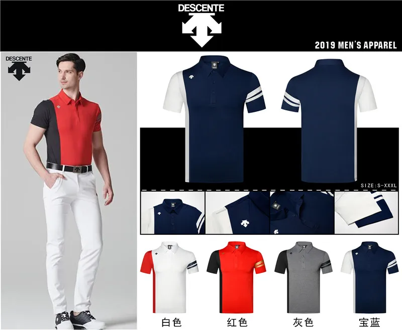 رجل الرياضية قصيرة الأكمام DESCENTE الغولف تي شيرت 3 ألوان جولف الملابس S-XXL في اختيار الترفيه قميص جولف شحن مجاني