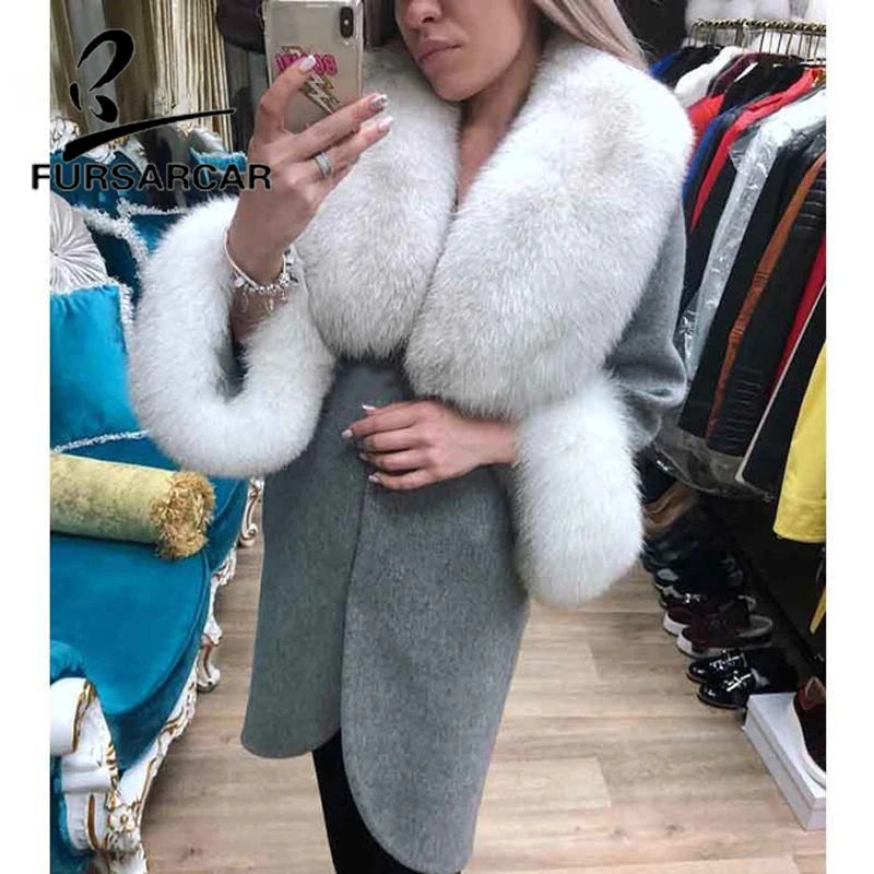FURSARCAR Top Quality Real Fur Coat Women New Style Fur Coat With Thick Warm Fox Fur Collar Winter Warm Woolen Skin Fur Jacket