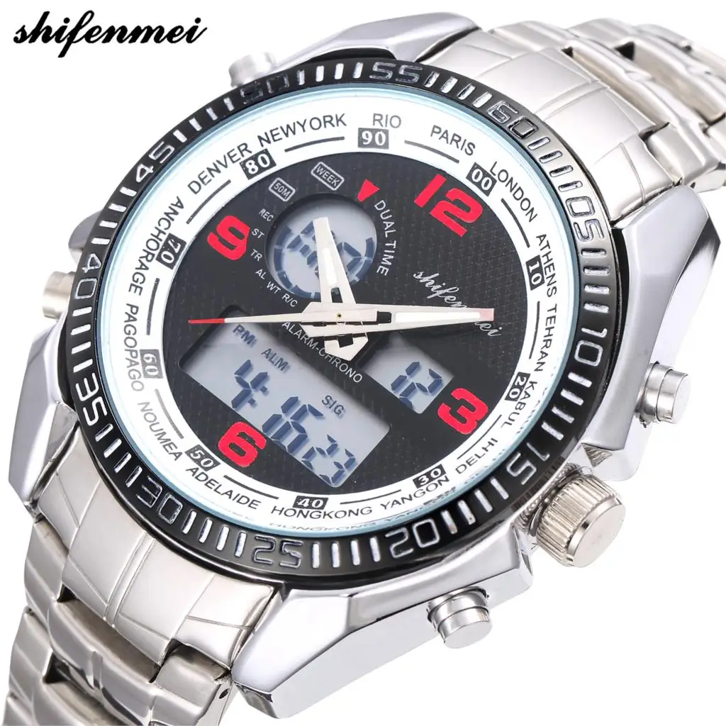 

shifenmei top men watch gift brand luxury New Double Movement Quartz Wrist Watch Stainless Steel Bracelet Mens watches silvery