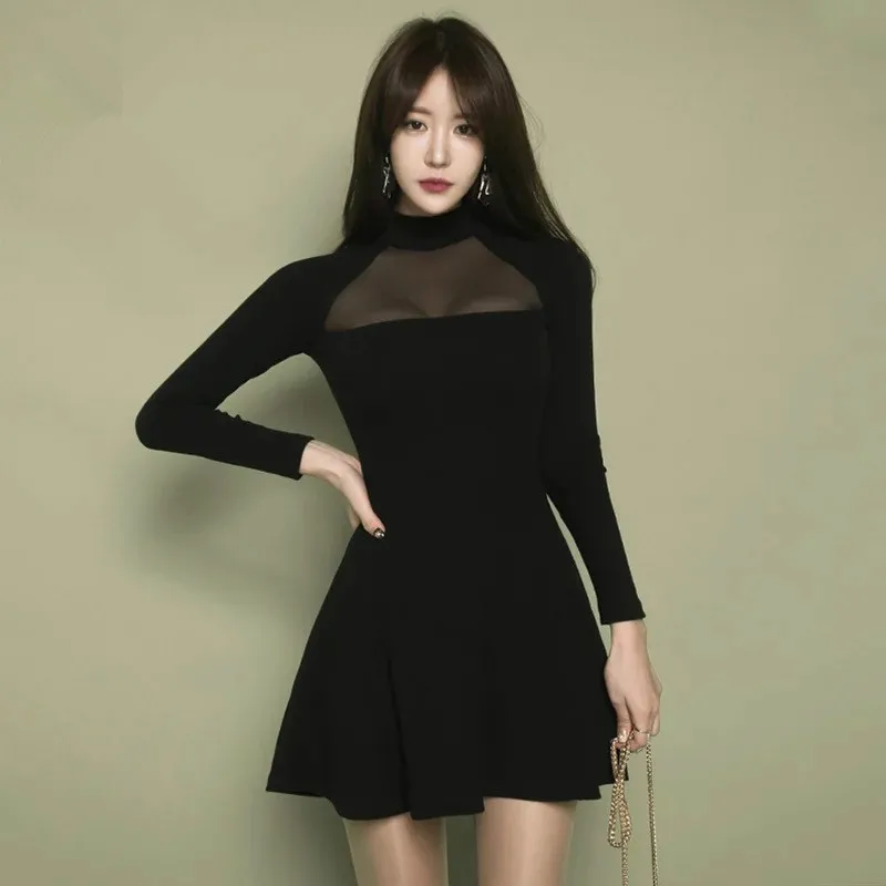 

Summer Fashion Dress Women Sexy Mesh Patchwork A-line Dress Female Long Sleeve Slim Dress