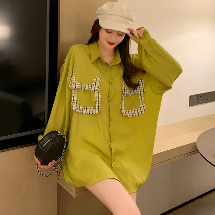 

[EWQ] Sweet Pocket Stitching Long-sleeved Loose Large Size Shirt Female Patch Fashion Trend Lady Blouse 2019 Autumn New QK260