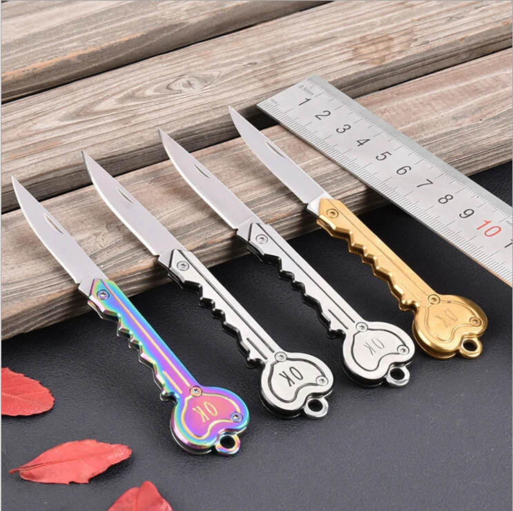 

Mini OK Key Shape Folding Knife Portable Keychain Key Chain Ring Pocket Fruit knife