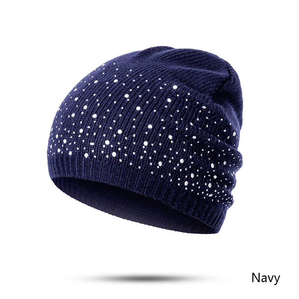 Diamonds Glitter Skullies Beanies Hats For Women Knitted Cotton Stretch