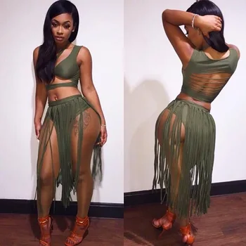 

2018 New Summer Two Pieces Bandage Dress Women Sexy Bodycon Night Club Party Dress Suit V Neck Tassel Dress Vestido