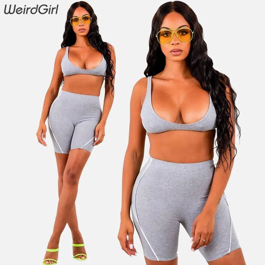 

Weirdgirl Women cotton reflective line sets 2 pieces Fitness casual sets elastic crop tops Sports leggings new summer 2019
