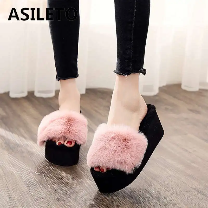

ASILETO Women Summer Real rabbit Fur Slides Fluffy Fur Slippers outdoor Furry wedge heels Slippers Ladies Plush pantoufle zapato