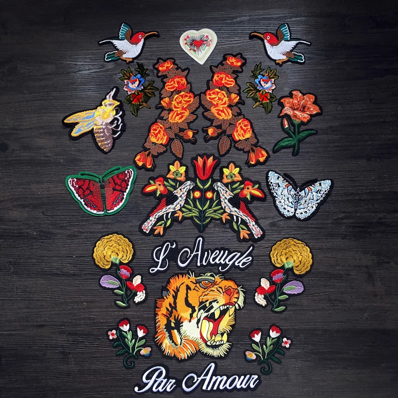 

19Pcs/lot Fashion Cool Sewing on Embroidered Patch Applique Flower Snake Tiger Bird Bee Butterfly Applique Patches for Clothing