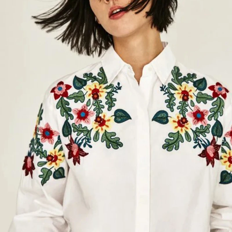 Women casual floral embroidery blouse long sleeve turn down collar ...