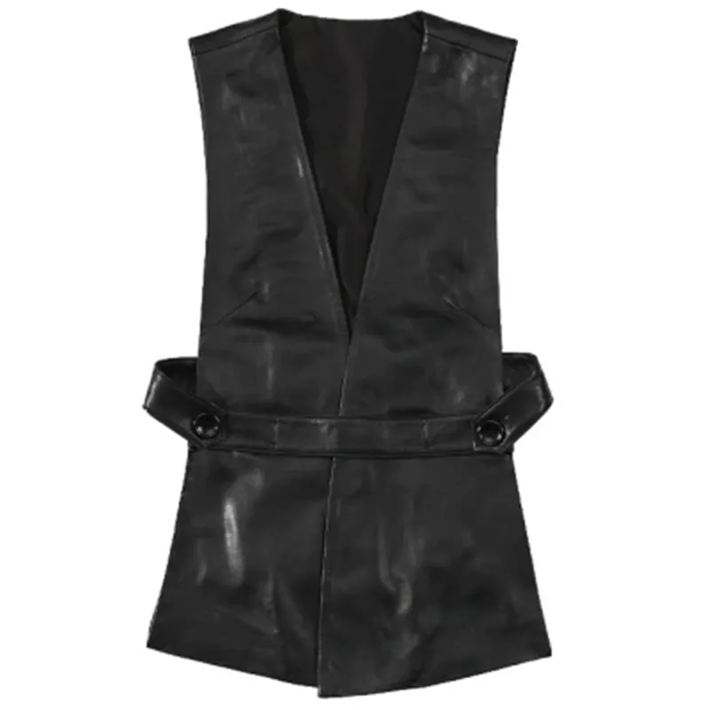 Winter Autumn Vest Women Genuine Leather Casual Long Black Sleeveless V-Neck Korean Fashion Clothing Streetwear Retro Sheepskin