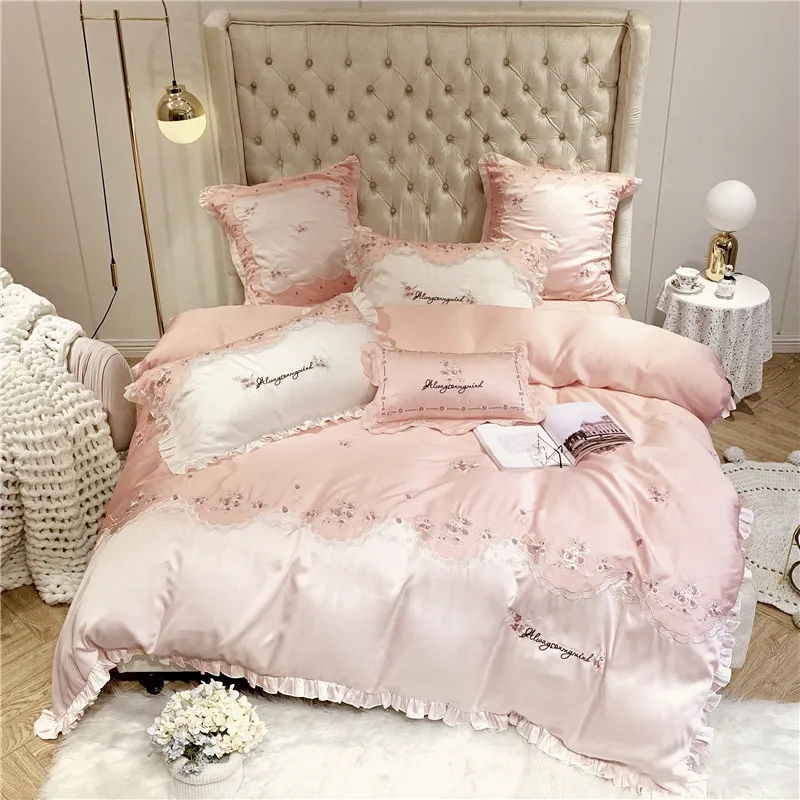 600TC Тенсел шелк шикарная вышивка персиковый розовый постельный комплект летний ультра мягкий легкий King queen размер простыня пододеяльник