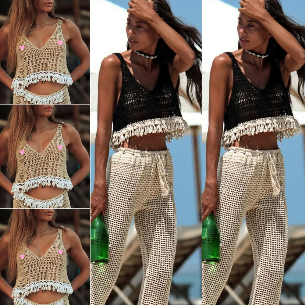 

Women Crochet Bralette Knit Boho Beach Bikini Halter Cami Tank Crop Top Summer Sexy V Neck Crochet Knitted Beach Wear Tank Tops