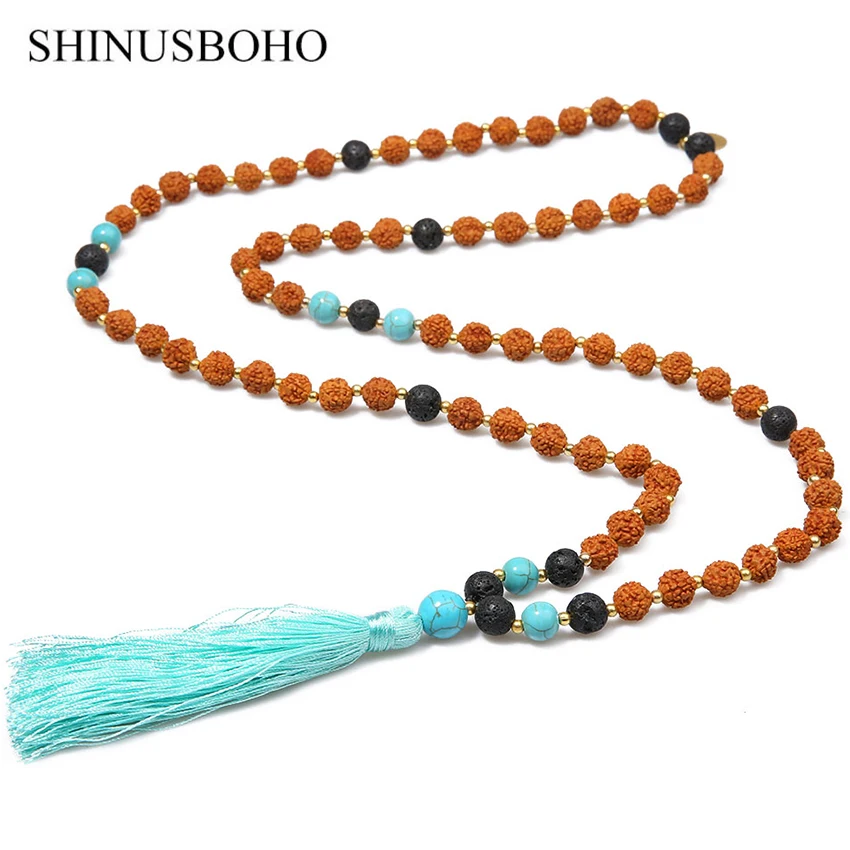 SHINUS BOHO богемные длинные кисточки Цепочки и ожерелья s для Для женщин классические бусы из плодов рудракши ожерелье из круглых бусин ручной работы Йога ювелирные изделия для медитации