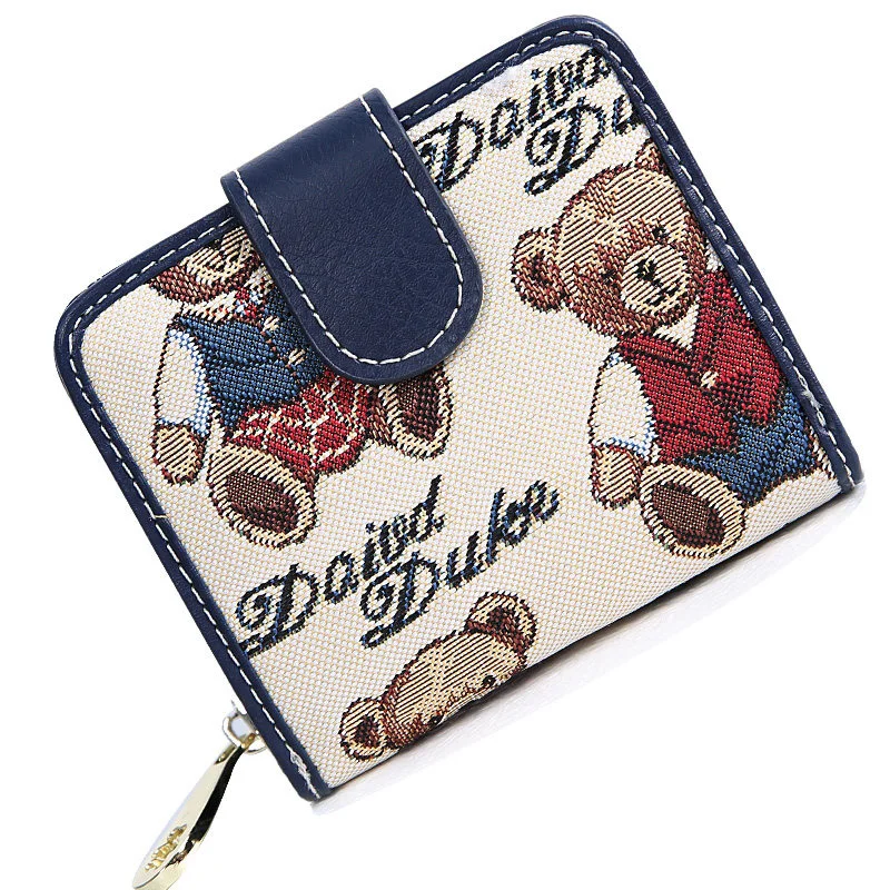 

Korean Style Lovely Bear Printing Zipper Wallet Women Fashion Bi-fold Canvas PU Small Money Bag Ladies Casual Short Purse
