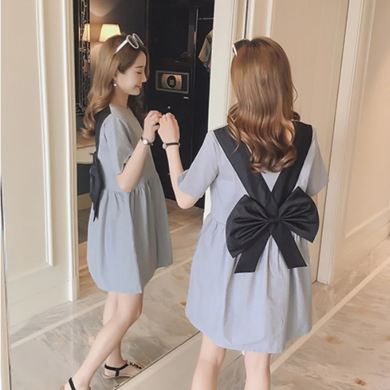 

2019 summer new doll skirt back bow pregnant women dress short sleeve small black dress pregnancy skirt
