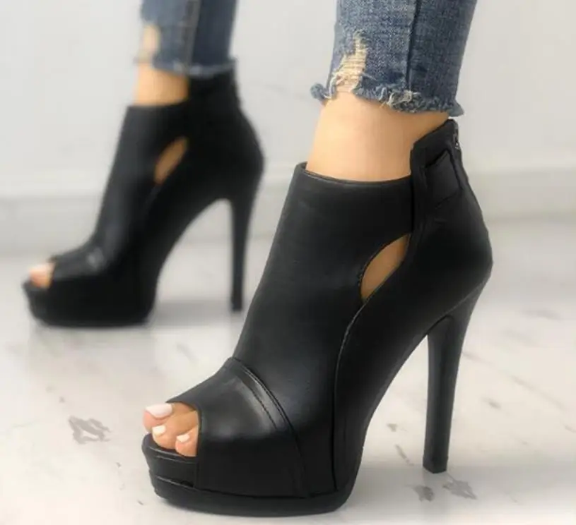 

Thick bottom fish mouth shoes ladies hollow high heel sandals boots