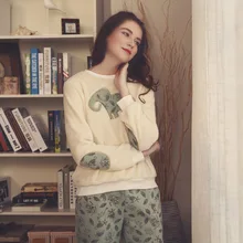 Cartoon Elephant Coral Velvet Women Pajama Set Winter Female Sleep Lounge Suit Fleece Pajamas Warm Fl annel Long Sleeve Homewear