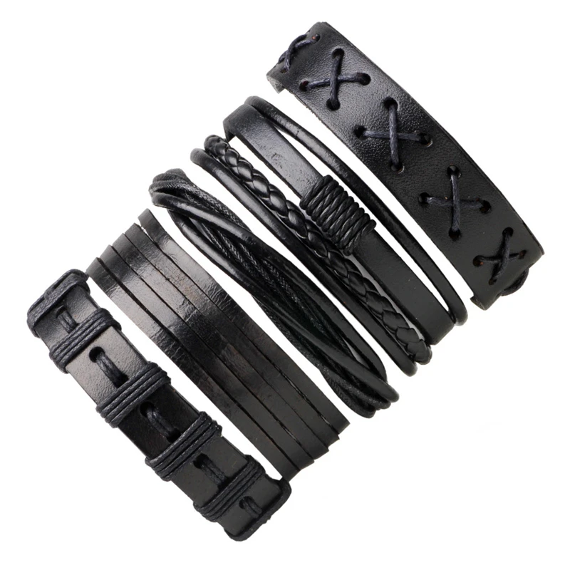 

5pcs/set Black Leather Bracelets & Bangles Adjustable Lace-up Wrap Leather Bracelet Sets Handmade Braid Weaving