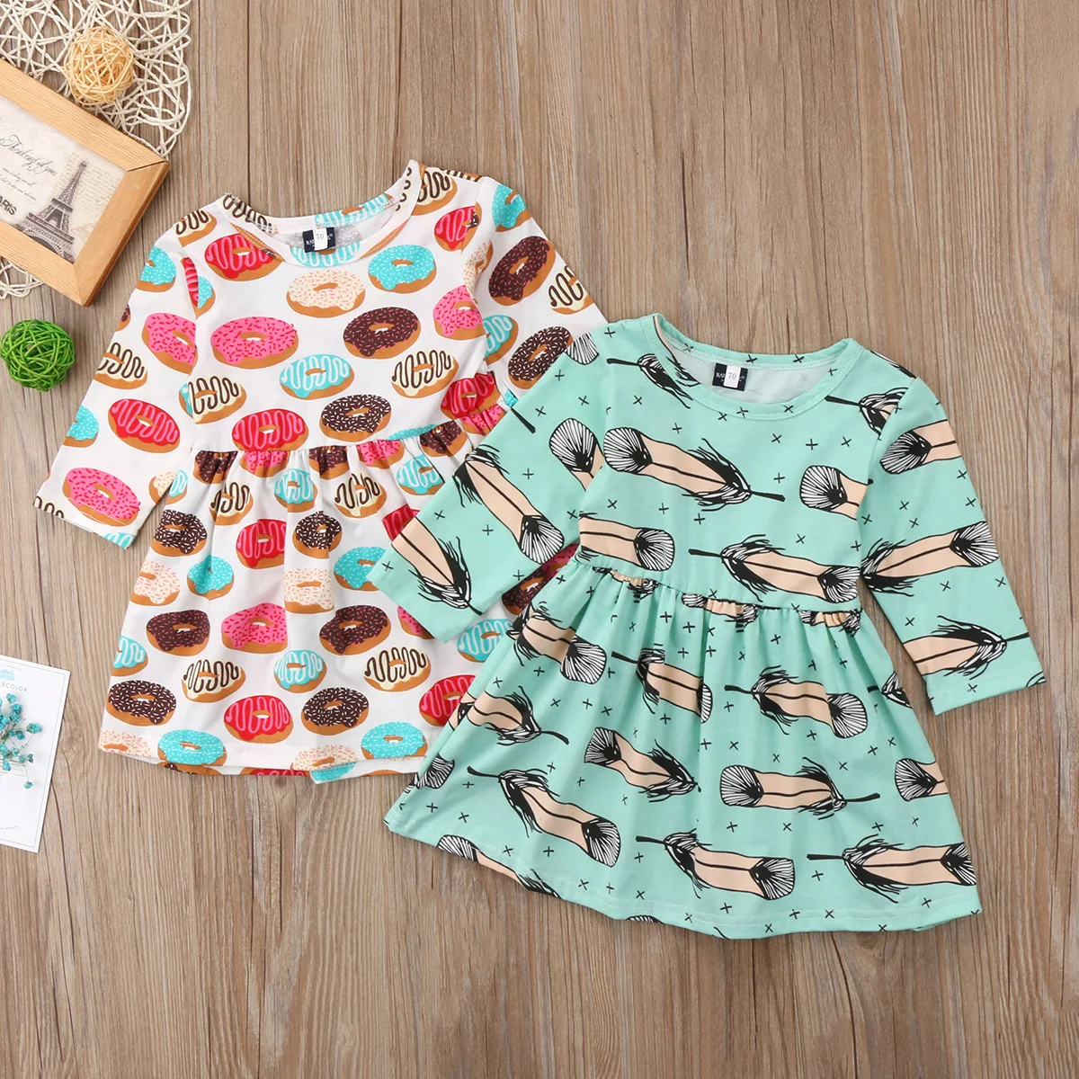 Г. Детское платье для маленьких девочек платье с длинными рукавами и цветочным принтом пончика и перьев хлопковый костюм От 0 до 5 лет