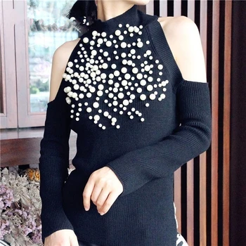

Chic Pearl Beading Sweater Women Off Shoulder Sexy Slim Knitting Jumpers Female Long Sleeves Elegant Spring Clothes 2019 Tops