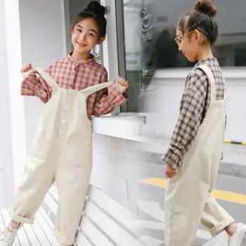 

2020 Toddler Girls Plaid Blouses Shirts + Jumpsuits Overalls Spring Costume Girls Clothing Sets Big Girls Clothes 10 12 14 Years