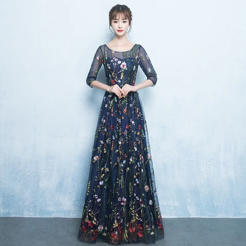 

Classic Female O-neck Evening Gowns Exquisite Women Flower Qipao Elegant Bridesmaid Wedding Dress Noble Lady Stage Show Gown