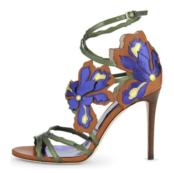 

Moraima Snc Summer Vine Flower Leather Sandals Woman Sexy Open Toe High Heel Shoes Ankle Strap Gladiator Dress Shoes