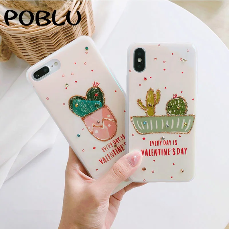 

POBLU Cute Cactus Potted plant Case For iphone X Back Phone For iphone 6s 7 8 Plus Fashion Glitter Multicolor Love Heart Shell