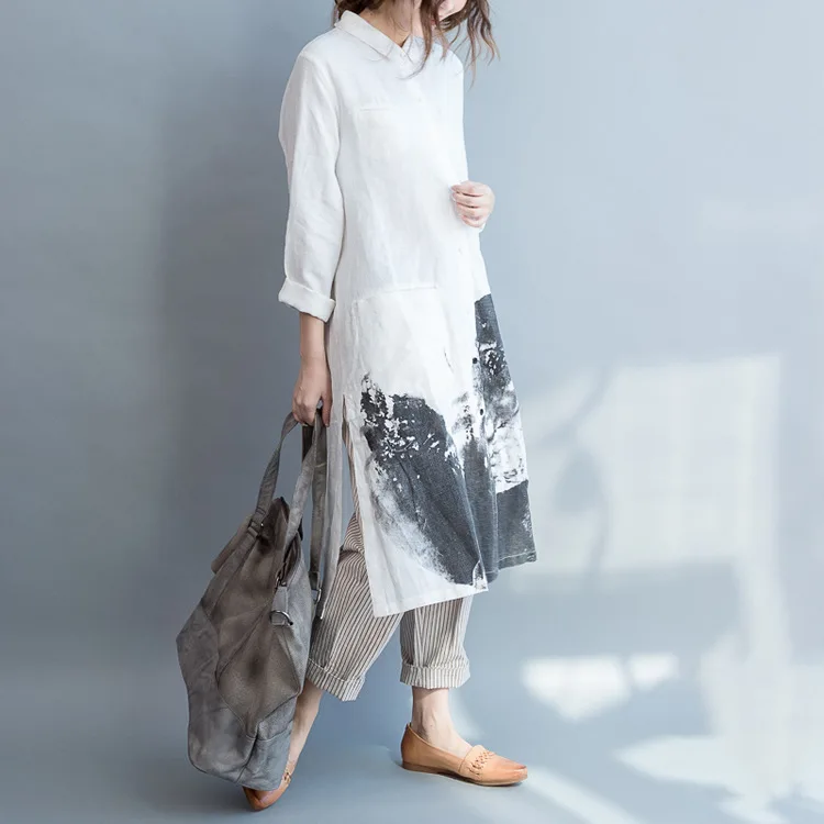 LZJN Vintage Painting Style Summer Long Dress Long Sleeve Shirt Woman Lady Loose Big Size Casual Fashion Button Down Shirt Dress (26)