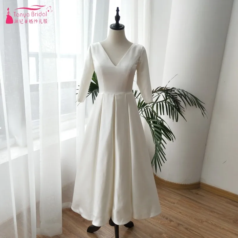 

Mid-Calf Three Quarter Wedding Dresses 2018 Simple Satin V-Neck A Line Country Bridal Dresses custom made Vestido Noiva ZW032