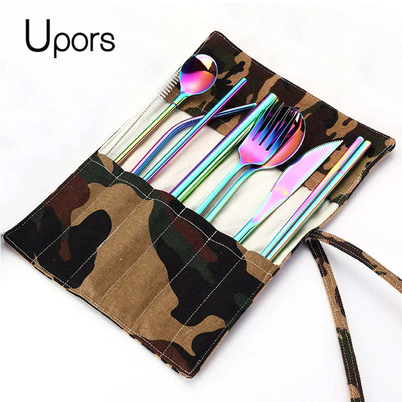 

UPORS 9Pcs/Set Travel Cutlery Portable Stainless Steel Cutlery Set Reusable Fork Spoon Knife Set Metal Straw with Case