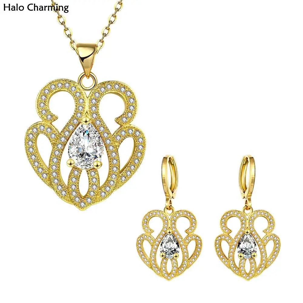 High Quality Jewelry Set Zircon Necklace Earring Women Fashion Romantic Hollow Flower Pattern