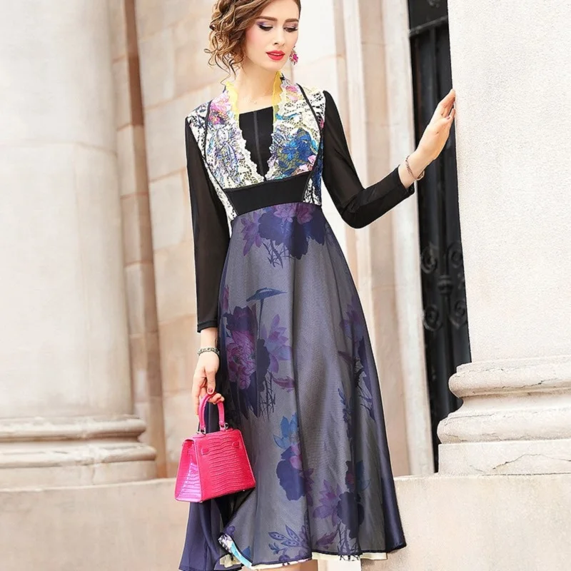 

Spring print dresses Spring 2019 new Women Long Sleeve Vintage dress Plus Size 3xl Empire Summer Patchwork Clothing party Dress