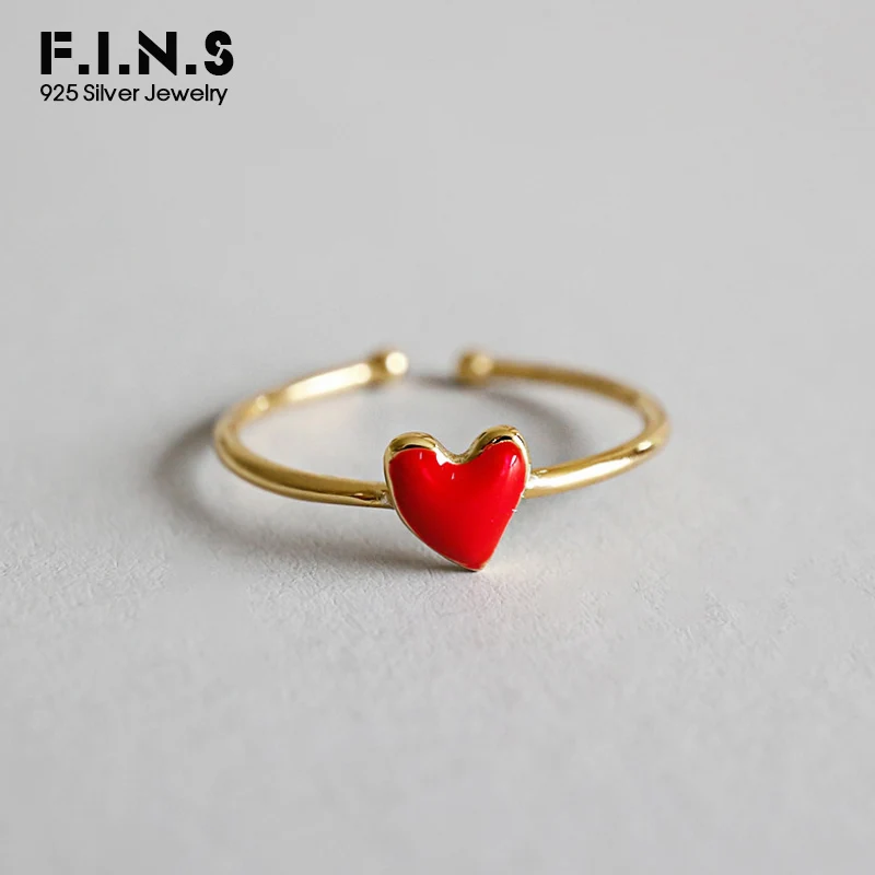 

F.I.N.S S925 Sterling Silver Fashion Gold Color Red Love Small Heart Opening Ring 925 Silver Simple Female Costume Jewelry