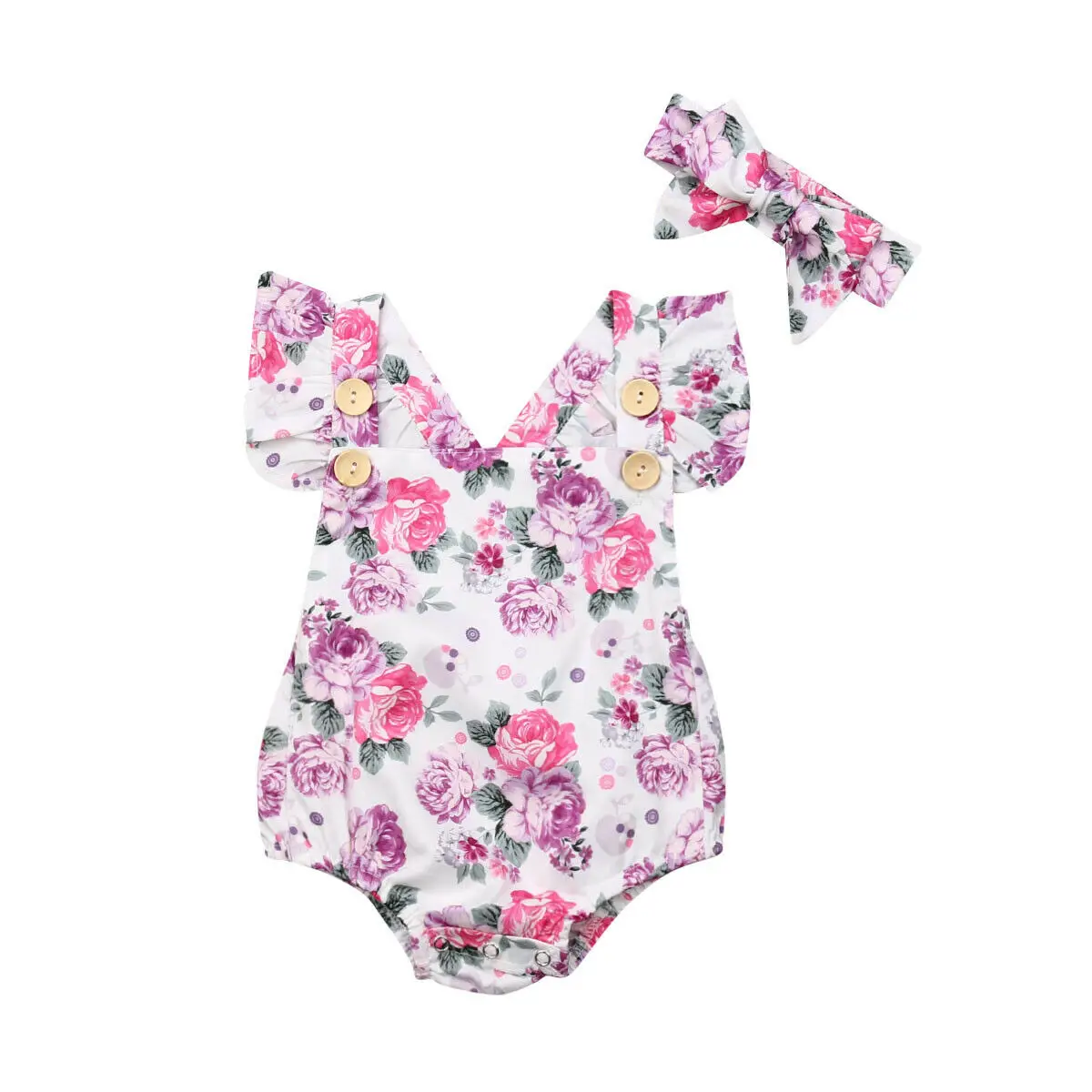 

Lovely Newborns Flowers Romper with Headband 2Pcs Set Infant Baby Girls Flare Sleeve Button Adjustable Clothes