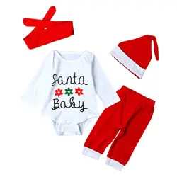 Осенние комплекты одежды для малышей из 4 предметов, Рождественская Одежда для маленьких мальчиков и девочек, топы, комбинезон, штаны