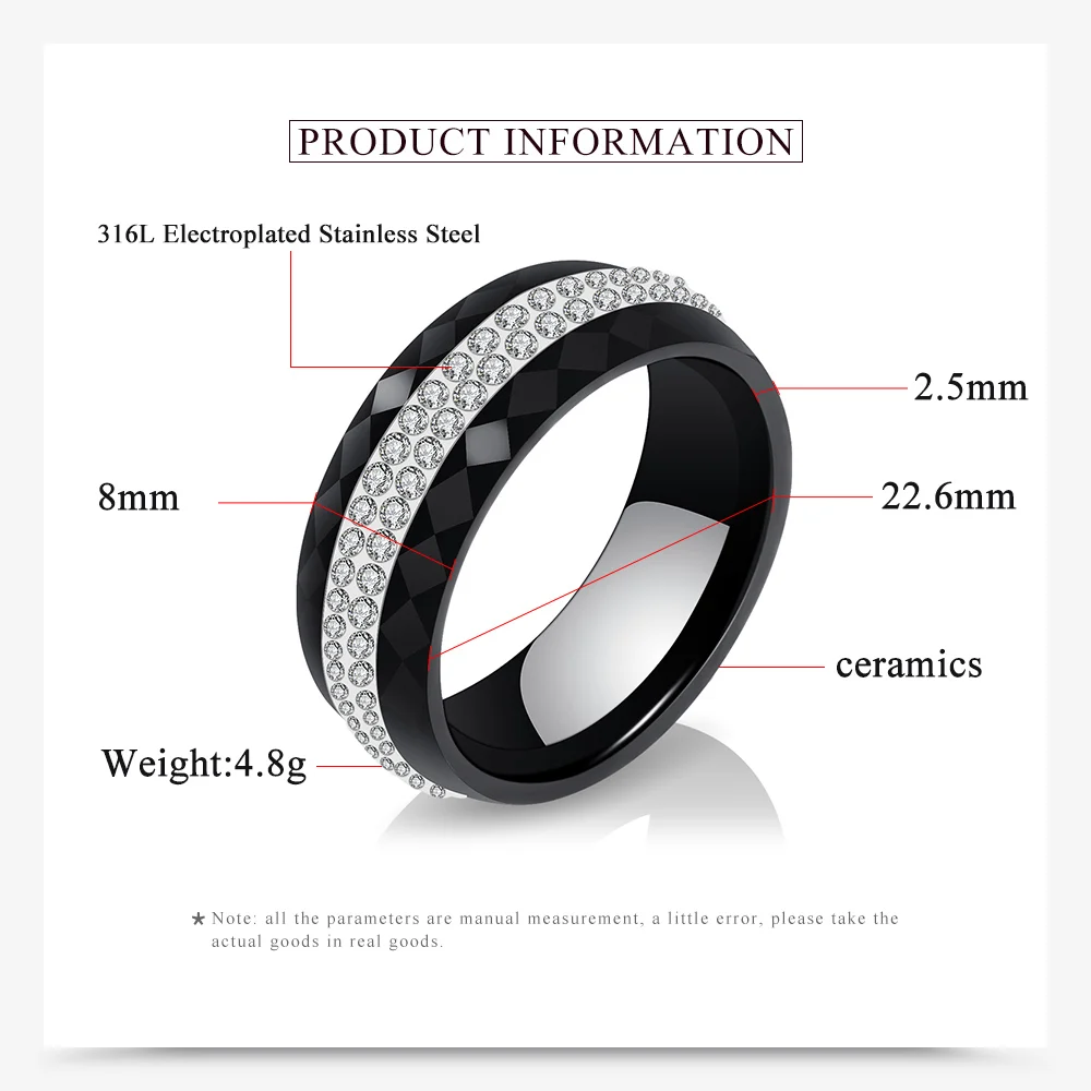 Романтическое прозрачное черное керамическое кольцо с прозрачными кристаллами модные ювелирные изделия роскошные белые керамические кольца 8 мм для женщин