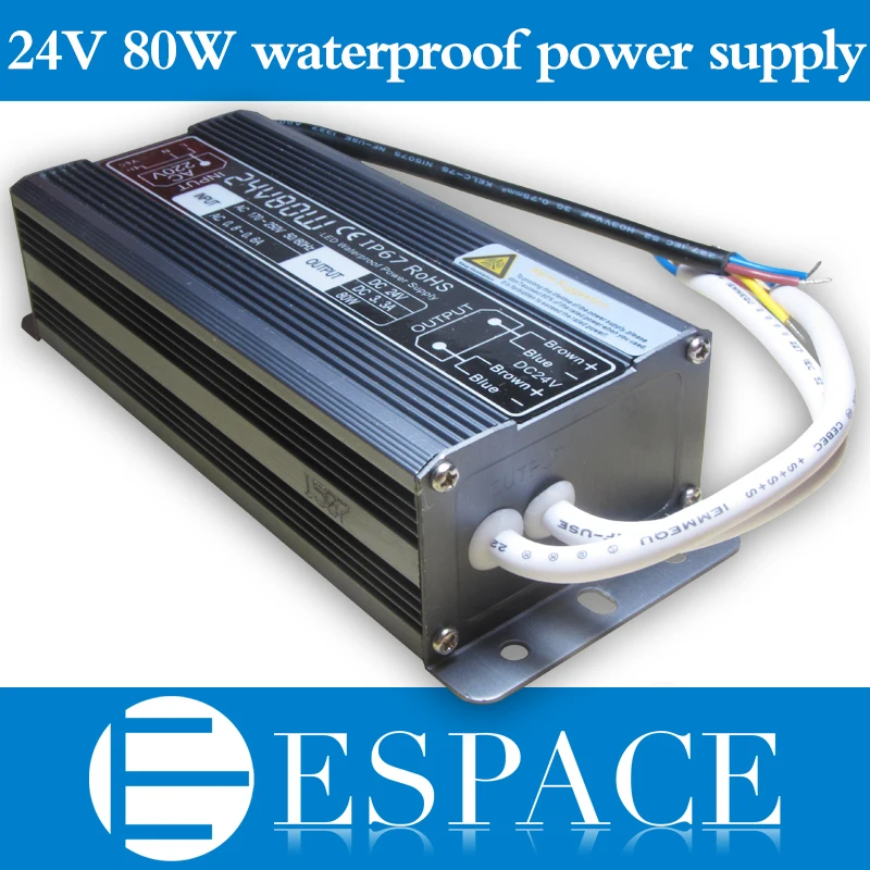 

10pcs/lot IP67 24V 3.3A 80W AC100-240V Input Electronic Waterproof Led Power Supply/ Led Adapter 24V 80W free DHL