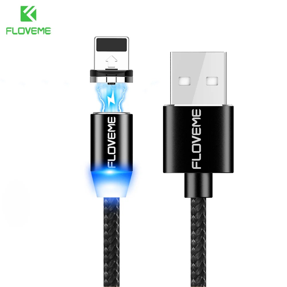 FLOVEME Магнитный кабель 1 м плетеные мобильного светодио дный Тип C Магнит Micro USB Зарядное устройство кабель для Apple iPhone X 7 8 6 XR Xs Max Xs зарядное устройство магнитная зарядка usb кабель магнитный кабель - Цвет: Black