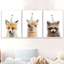 Llama Raccoon Fox Cap Wall Art Canvas Painting Nordic Posters And Prints Animal Wall Pictures For Living Room Bedroom Home Decor