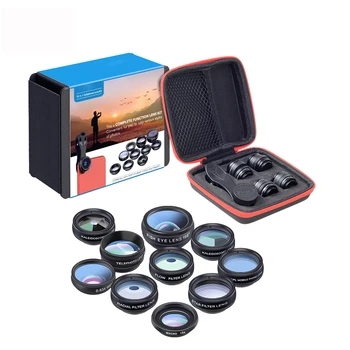 

Phone Lens Kit Universal 10 in 1 Fisheye Wide Angle Macro Lens CPL Filter Kaleidoscope+2X Telescope Lens for Smartphone