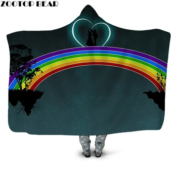 

Rainbow Love 3D Printed Plush Hooded Blanket for Adults Children Youth Warm Wearable Fleece Throw Blanket Home Office Washable