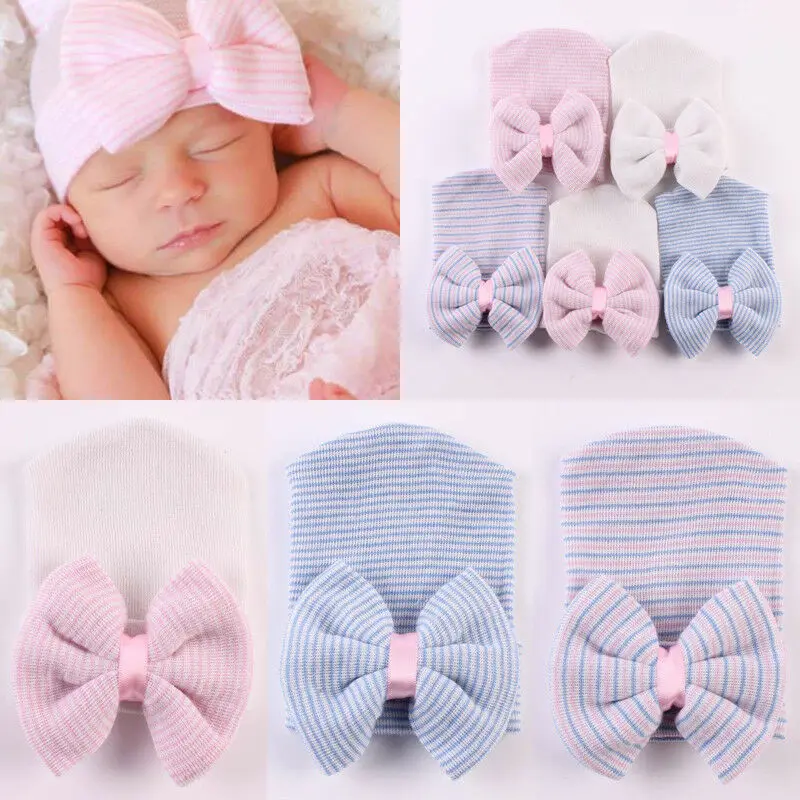 

5 Colors Newborn Baby Girl Infant Colorful Striped Bow-Knot Cap Warm Soft Beanie Hat Lovely Baby Girl Hat Sweet Gifts