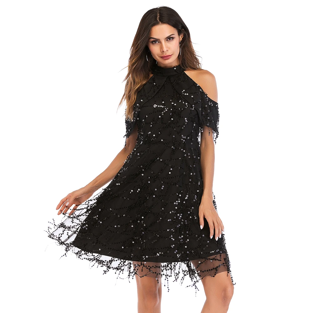 Women's Sexy dress Standing collar Shoulder Tassel Casual Sequin dresses Elegant Summer Female